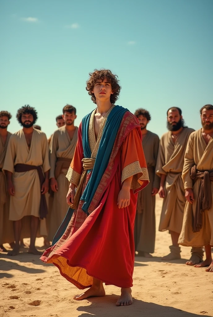 Make the teenage biblical character Joseph wearing a very colorful tunic and his 10 brothers angry with him wearing dirty tunics, frame the image in a long shot