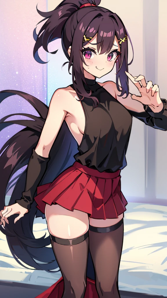 High tail hairstyle, two Ponytail hairstyle, Ponytail hairstyle, Long wavy black hair, standing posing, anime girl style, pixel art anime style,penetrating look with deep eyes,red and purple eyes, hair with a ponytail hairstyle trapped with a big red bun, women, red hair clips, x color shaped hair clips , smiling face blush, next to his bed, Skirt, tank top, Black hair, big thighs, NSFW, Skirt fluttering in the wind, perfect panty, from below, viento levantando su Skirt haciendo que se le vea el panty, hands in fist , Skirt fluttering in the wind, Skirt levantada, black fur, black hair, black hair