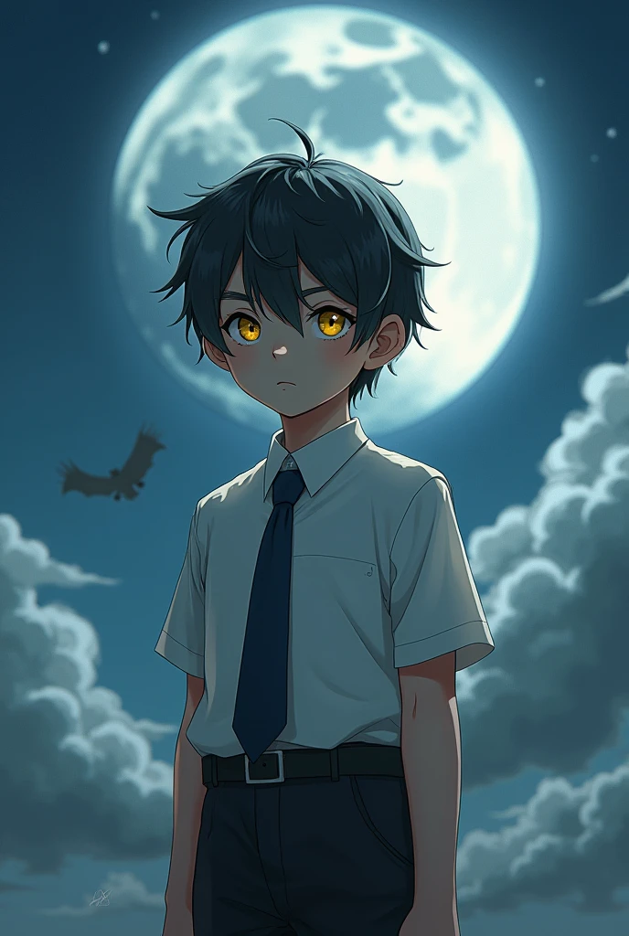 He is wearing a dress shirt and school uniform, and can see that he has a slightly thin and slender body.。
　He was a boy with a mysterious impression.。What really catches the eye is her hair.。His hair was black like the night sky, mixed with layers of yellowish grey white hair.。And deep within that hair are yellow eyes gazing calmly at me.。In the sky behind the boy、It looked just like the moon and the floating clouds that seemed to hide it.。
