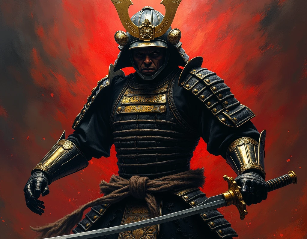 Draw a scene where a samurai is approaching,japanese samurai,armor,battle pose,A looming dynamic composition,Close-up,anatomically correct,structurally correct,Draw with black, red and gold paint,dark fantasy,pour oil paint onto the work,abstract and artistic style,(The background expresses darkness, despair, and anger),It is a powerful painting that gives a sense of fear to those who look at it.,decadent,disgust,(masterpiece:1.3),(highest quality:1.4),(ultra detailed:1.5),High resolution,extremely detailed,unity 8k wallpaper