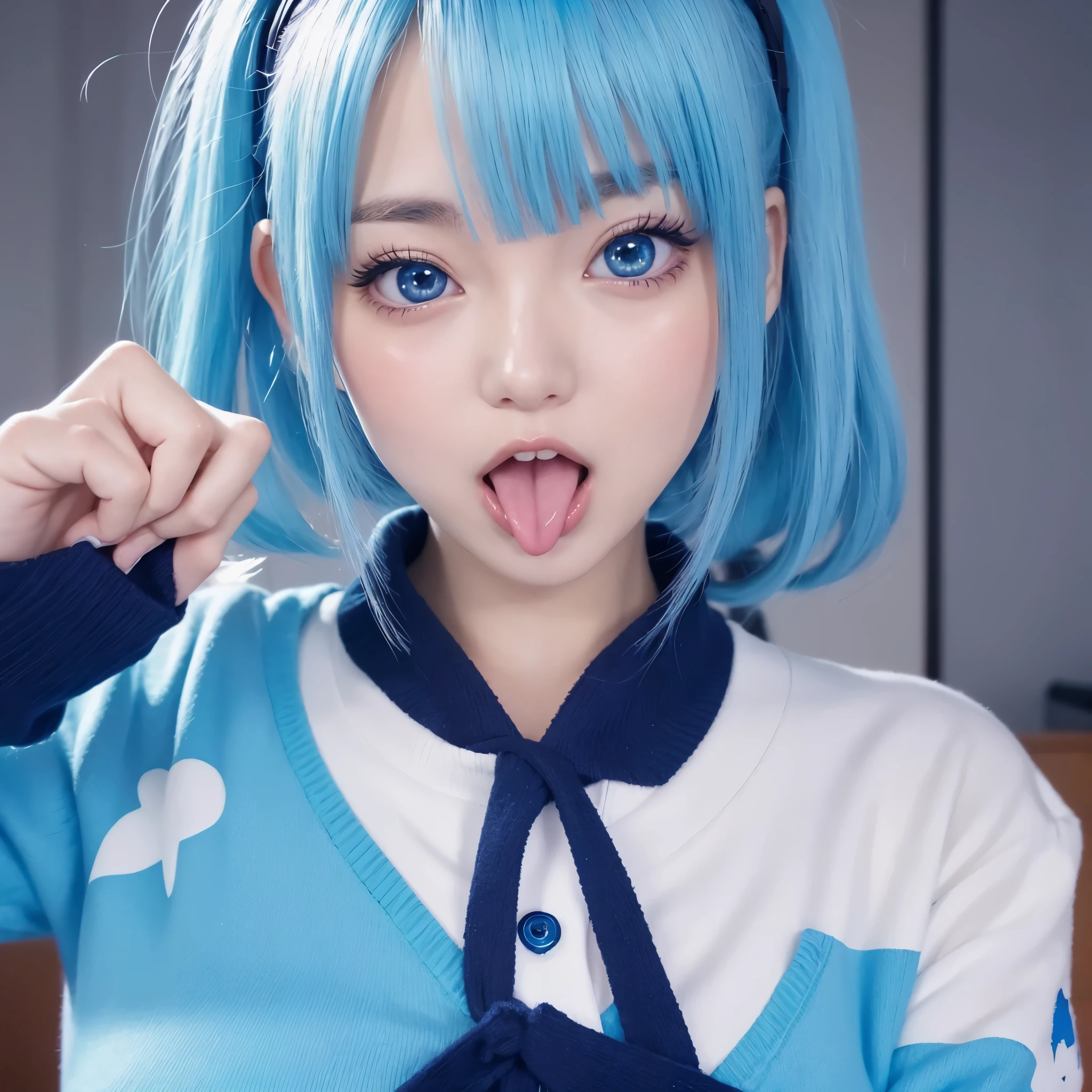 1girl,office sweater,(anime screencap:1.4),(illustration), cute,(simple:1),masterpiece, an extremely beautiful, highres, soft light,perfect anatomy, large bust, blue hair, flipped hair, medium hair,(rolling eyes:1.2),tongue out,peace fingers,double piece,heart shaped pupils,ahegao