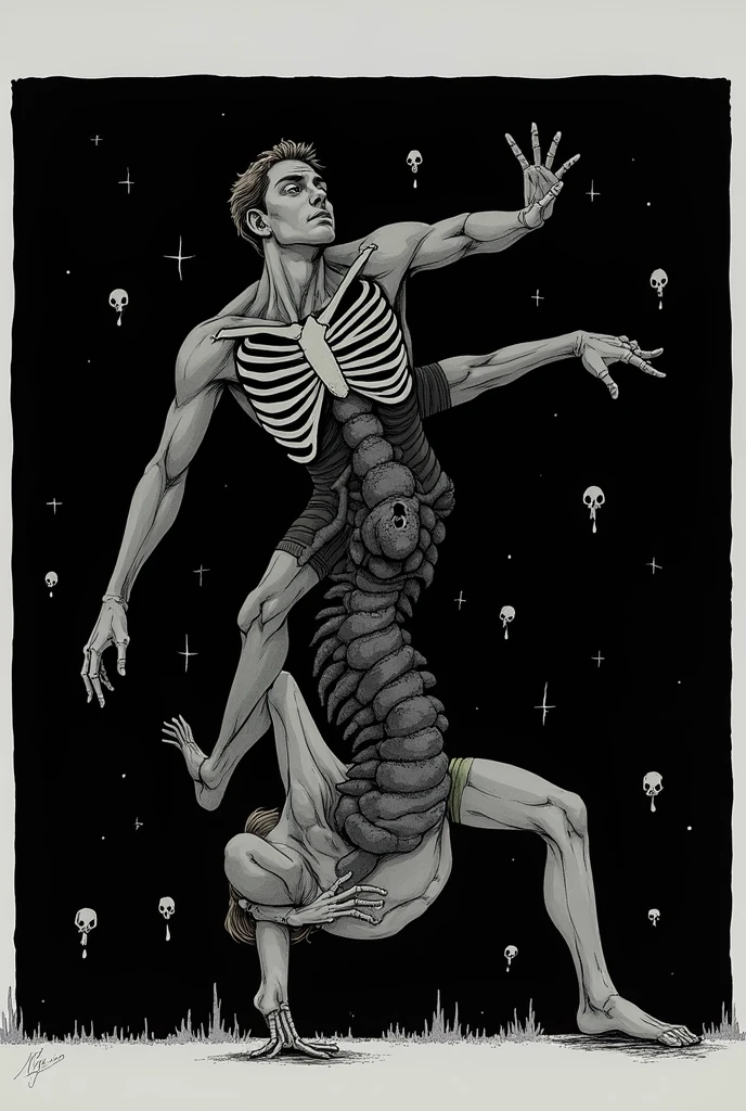 illustration de deux corps humain éloignés en chute libre dans le vide, dans le dos du premier corps masculin sort son squelette, de l'autre corps feminin sort de son ventre son squelette, les deux squelettes essayent de se rejoindre 
comme des flammes jumelles, pendant que leur enveloppes de peaux elles s'éloignent, le tout dans une ambiance sombre, en noir, blan et gris, sur un fond sombre 