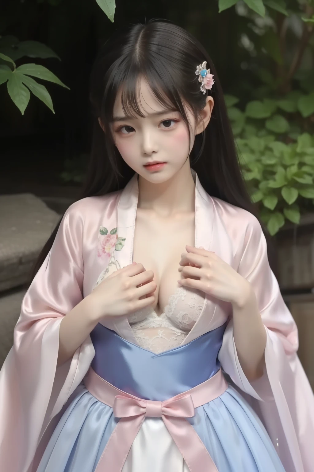 small  ，,princess 8 yeald old cute, Master picture quality, Highest quality, Best picture quality, Exaggerated details, The expression is shy,a close up of a , Super beautiful,Long hair, Very exaggerated and compact, Round breasts , Pose in front of the camera, ,, Wet-breasted Hanfu open V-chested clothes, All pictures, Wet body of thin silk fabric, Thin silk lace petticoat,princess 8 yeald old cute, (huge ，cleavage),petticoat, white pink, blue