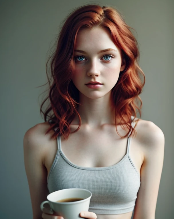 One Girl,  19, alone, Aesthetic artwork, Irish, Wavy Red Hair, Shoulder-length hair, Grey Eyes, Light grey eyes, Pale skin, cup, Small breasts, Runner&#39;s body, (Textured skin, Skin pores:1.1), It gives me goosebumps, Standing in underwear and touching her breasts