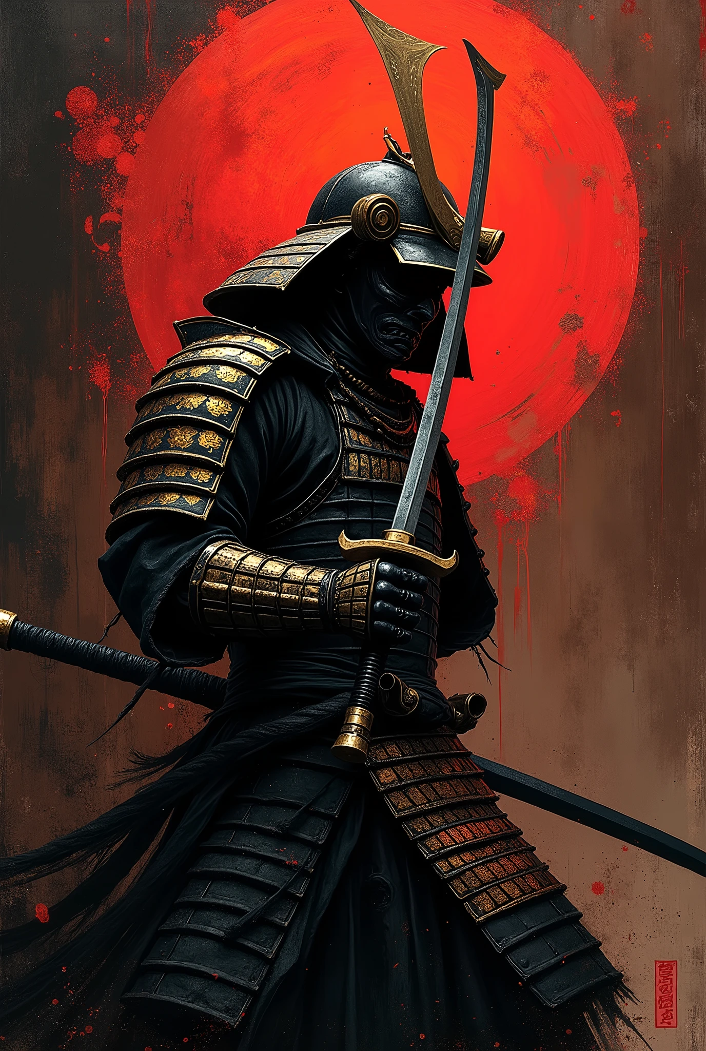 Draw a scene where a samurai wearing armor approaches,japanese samurai,armor,The samurai raises his sword and is about to attack us.,anatomically correct,Draw with black, red and gold paint,dark fantasy,pour oil paint onto the work,Create abstract and artistic backgrounds,(Expresses darkness, despair, and anger),It is a powerful painting that gives a sense of fear to those who look at it.,(masterpiece:1.3),(highest quality:1.4),(ultra detailed:1.5),High resolution,extremely detailed,unity 8k wallpaper