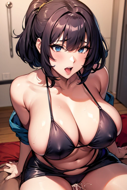 (A 36 years old mommy MILF having sex with an old man and being cummed inside: 1.6), hairy pubic hair, whore allusive face, moaning with open mouth, (giant tits and giat cleavage: 1.6), brown bob cut hair, blue eyes, slingshot bikini, palm beach