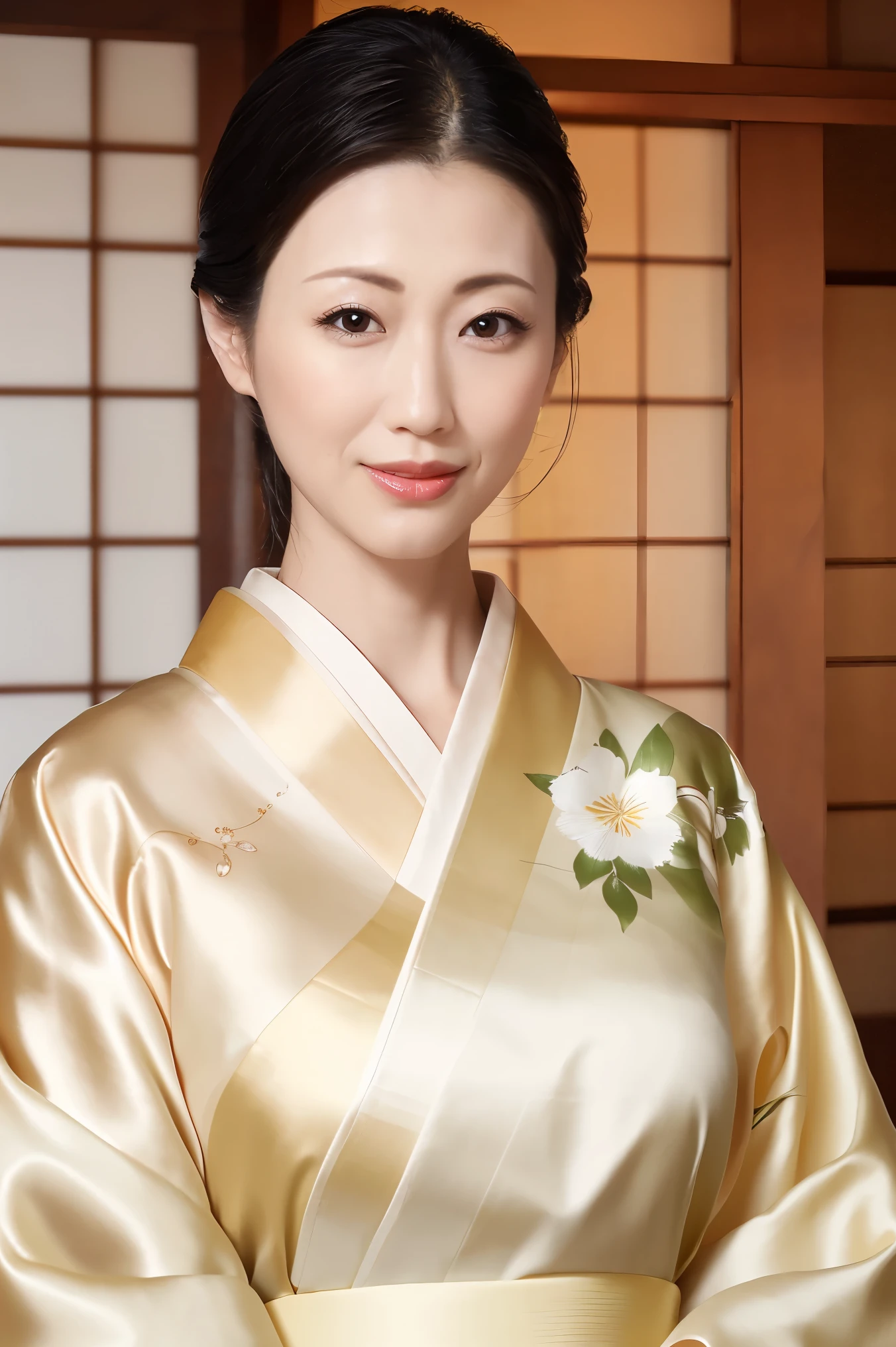 (Highest quality、Tabletop、8k、Best image quality、Award-winning works)、(One beautiful mature woman:1.1)、Adult face、(Innkeeper:1.1)、(Elegant floral kimono:1.2)、(Perfect kimono:1.3)、(Large Breasts:1.2)、Perfect mature woman portrait photo、Glowing Skin、Standing Elegantly、(Blurred elegant and exquisite perfect Japanese style room background:1.3)、(The most natural and perfect tidy Japanese style room background:1.2)、Glowing White Skin、Very white skin、(Accentuate your body lines:1.1)、(The most graceful posture:1.2)、Perfect beautiful glossy lips、(Accurate anatomy:1.1)、(A perfect and elegant outfit:1.1)、(Standing with good posture:1.1)、(Face close-up:1.4)、(Front facing body:1.2)、(Chignon:1.1)