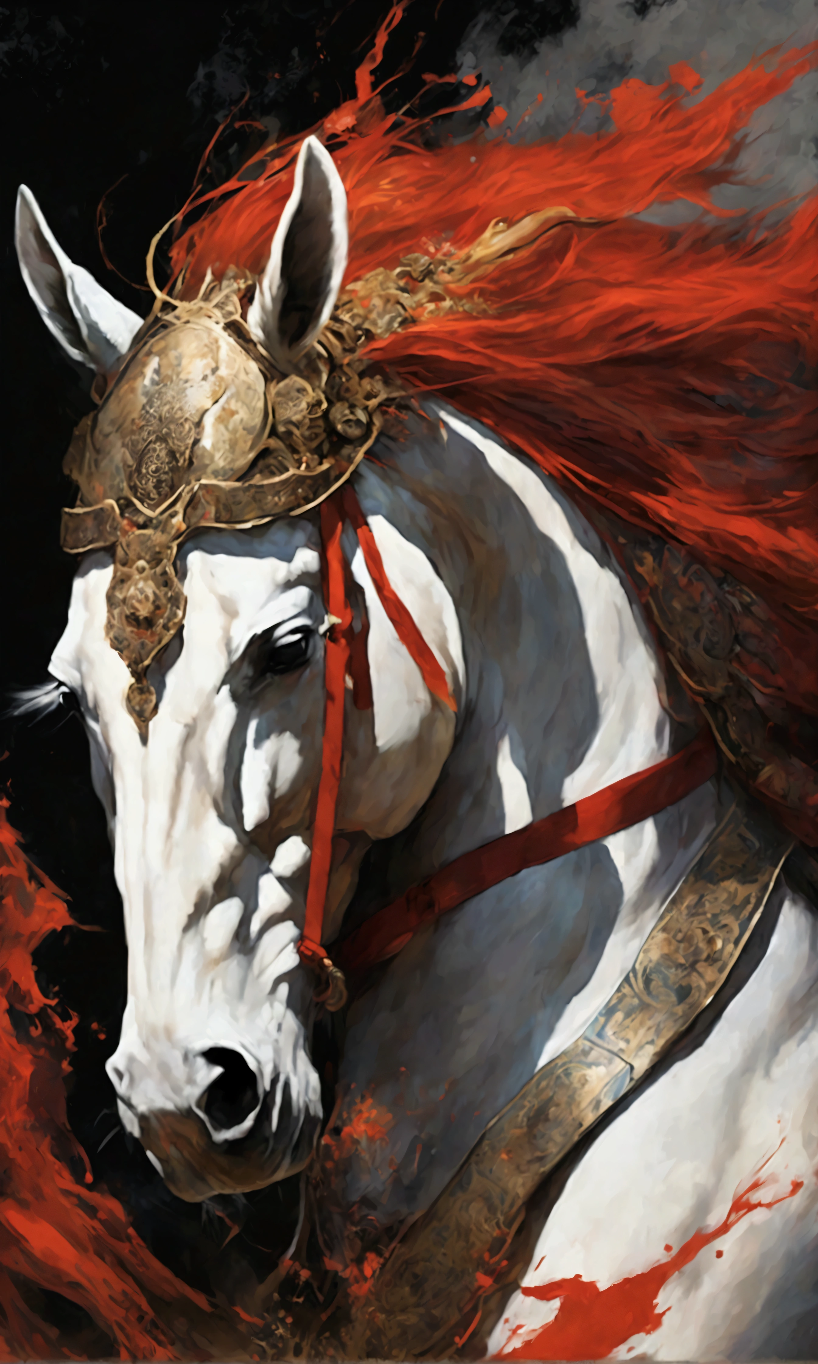 Create an intense and dynamic abstract digital art piece featuring Uesugi Kenshin, the fearsome samurai warlord of Japan's Sengoku period. Kenshin is depicted as a towering, almost otherworldly figure clad in radiant white armor, exuding an aura of divine power and righteousness. His face is set in a fierce, determined expression, his eyes glowing with a supernatural light as if channeling the god Bishamonten himself. Surrounding him, swirling mists and dark, stormy clouds clash violently with streaks of bright, ethereal light, symbolizing the eternal battle between good and evil. His white horse, almost spectral in appearance, rears up beneath him, its mane and tail flowing like tendrils of energy. The scene is chaotic, with bold, sweeping brushstrokes and a palette dominated by stark whites, deep blacks, and electric blues, punctuated by splashes of crimson red representing the blood and fury of war. The overall composition should be abstract and expressionistic, capturing the raw, primal energy and the godlike presence of Uesugi Kenshin as he charges into battle.,Intricate details,Wide range of colors,artwork,rendering,(masterpiece:1.3),(highest quality:1.4),(Super detailed:1.5),High resolution,Very detailed,unity 8k wallpaper,Decadent,Wind