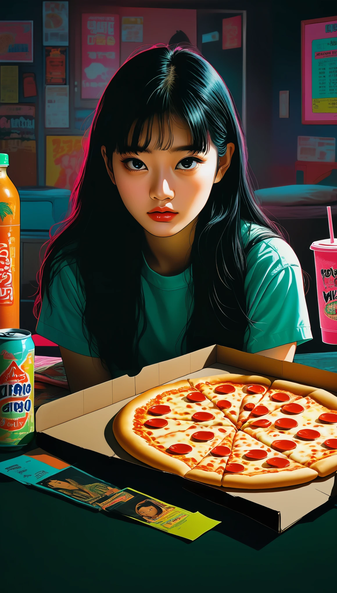 An illustration、art、80s Thai horror movie poster, Supervised by Junji Ito、(high school student:1.2)、room、night、pizza、Drink、Attention to detail, Realistic Shadows、Analog Style, chromatic aberration, Surrealism、Complementary Gradient