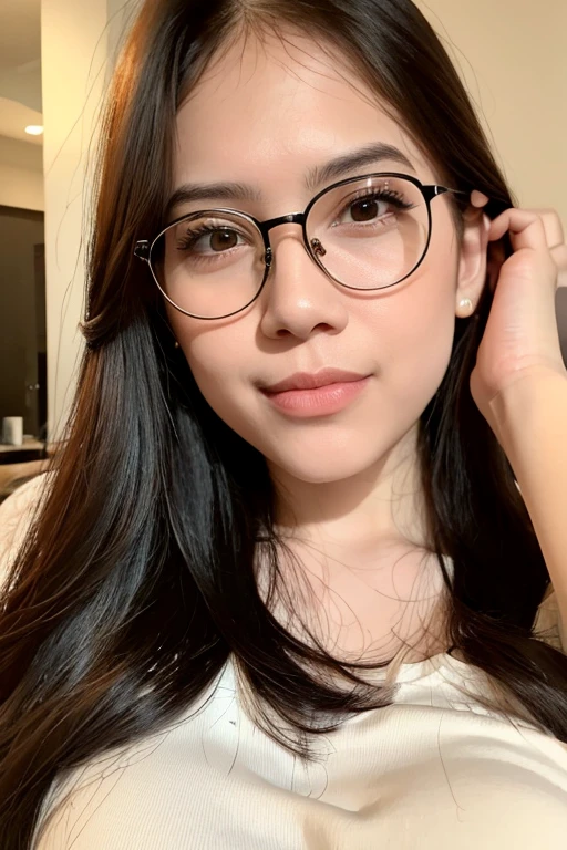 (8k, RAW photo, best quality, masterpiece:1.2), (realistic, photo-realistic:1.37),  chikajkt48, ((pureerosface_v1:0.4)),1girl, young girl, 22 years old, (glasses:1.4), selfie, brown_eyes, black long_hair, (long hair:1.6), open mouth, lips, long_hair, looking_at_viewer, realistic, smile, solo, bedroom bacground, black t-shirt skirt, cleavange, nipples, white natural skin, perfect lighting