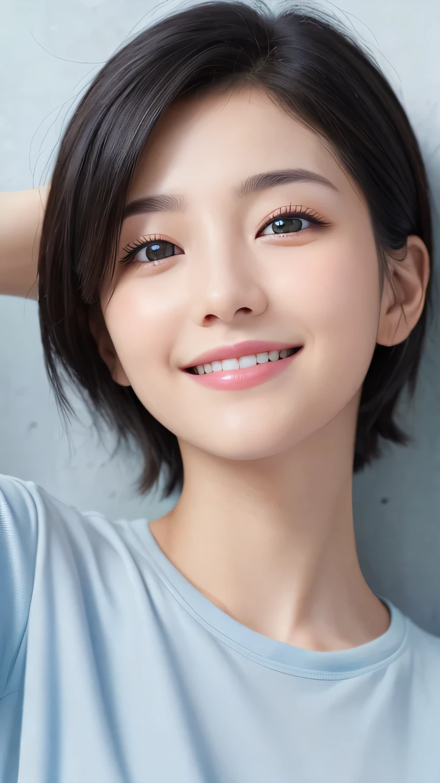 Highest quality、Realistic、、zoom、look up、cute、Light grey eyes、Black Hair、Very short hair、Light Blue T-Shirt、Bright smile、Face close-up、thin