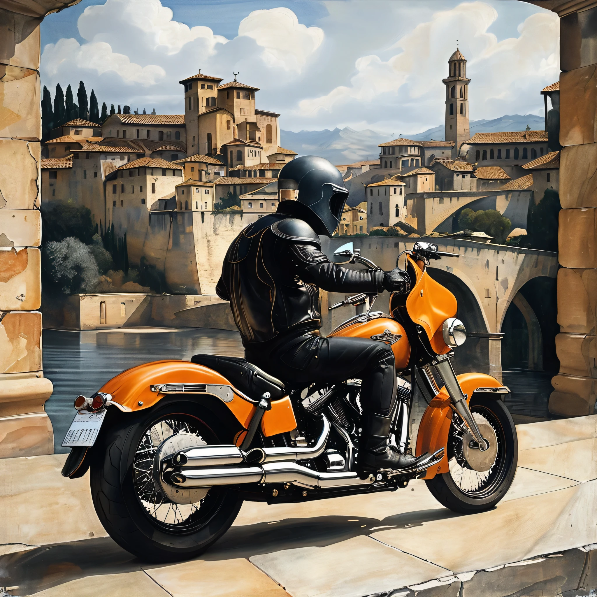 harley davidson road glider with medieval town background and a beautiful landscape in the style of Michelangelo Buonarroti