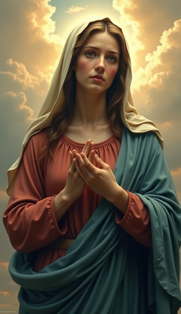 Gazing at you with moist eyes、A beautiful Virgin Mary begging, Reddish tunic, Blue cloak and veil
