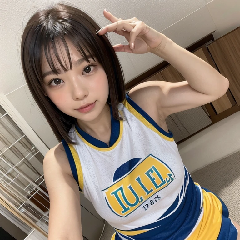 8k、(masterpiece, Highest quality:1.4)、Very realistic、Japanese、One person、woman、Skinny athletic model body、Flat Chest、tall、Description：whole body、38 years old、(Hairstyle：Bangs(1.6))、In your room at home、The best smile、((Wearing blue cheerleader clothes))、Sweaty、Wet、