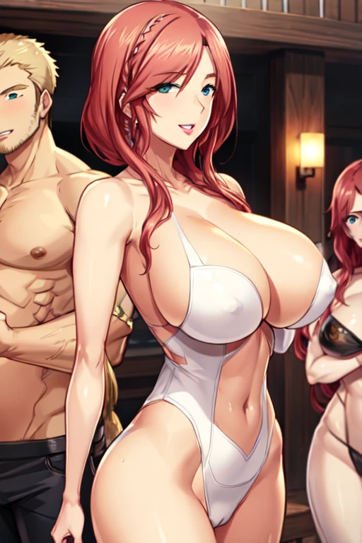 blond haired man, tan skinned man, (slim woman:1.7), naked, standing, Red hair, 2 people, smiling