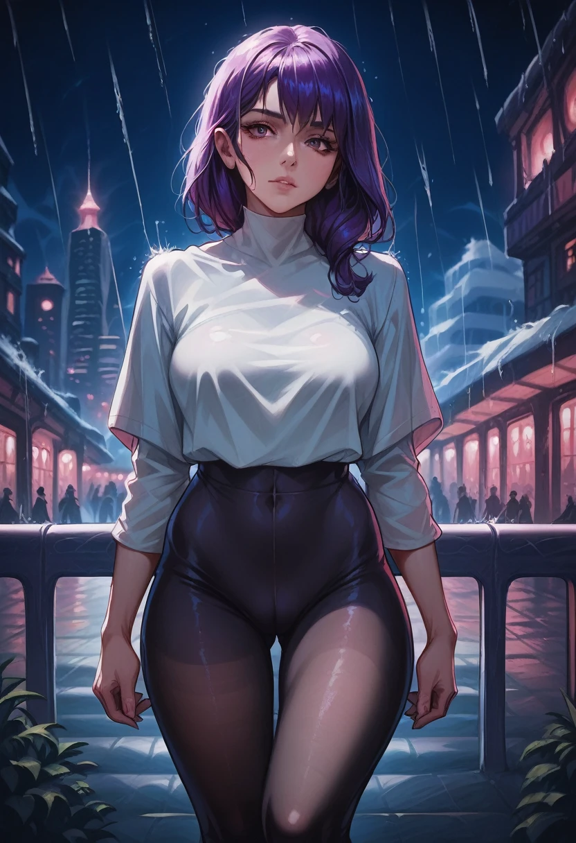(1 girl), masterpiece, photorealistic, 8 K, (realistic: 1.2), whole body, I look at the viewer, tights, purple hair, (Kafka: 1.2), to walk, beauty, (medium breast: 1.2) night, night sky, city, cityscape, rain, (dramatic: 1.2)