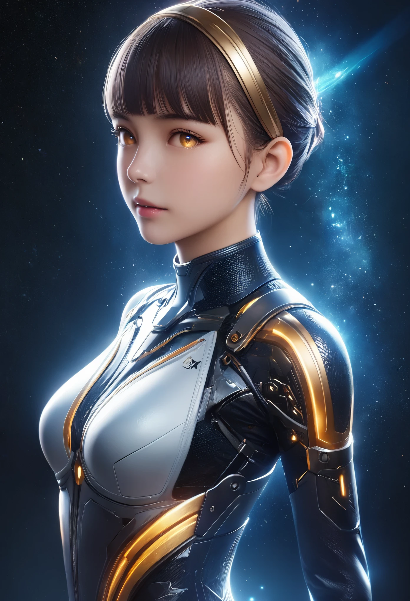 (Best Quality, 4K, 8K, High Resolution, Masterpiece: 1.2), (Super Detailed, Realistic, Photorealistic:1.37), A woman in futuristic clothing, Trending on cgstation, Trending on cgstation, (Portrait of a girl in the Knights of the Zodiac:1.4), blunt bangs, Cute Cyborg Girl, Perfect android girl, Portrait Astronaut Girl, Beautiful girl cyborg, Girl wearing black blue black mechanical cyber armor, Game CG, cgsociety and fenghua zhong, Beautiful Cyborg Shrine Maiden, Bioluminescence, Yua, (Golden eyes:1.5), Anatomically correct grip, (Sharp and long claws:1.4), erotic and sexy