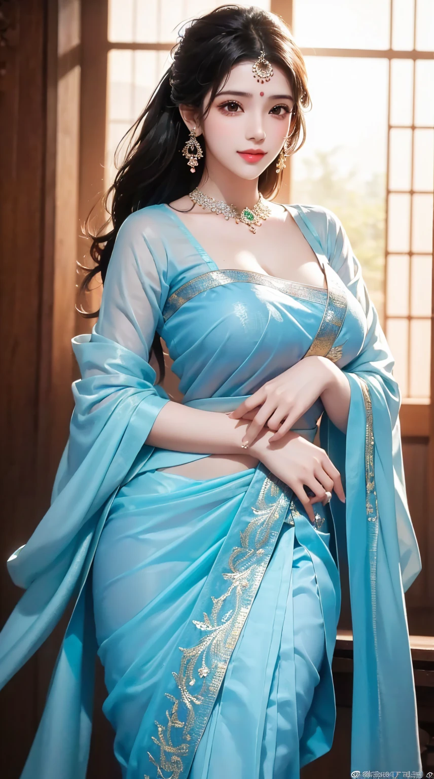 1girl, cute face,pretty face, jaw dropping beauty, cute smile, indian girl, ((indian mythology dress)),((indian mythology girl)), cute indian girl, bindi, ((beautiful bindi)), ((beautiful shiny accessories)), accessories, pony tail,((sanskari dress)), ((pure kapde)),full saree,((full light blue saree)),((full blouse)), ((ultra high detailed 1.9)),((ultra high resolution 1.9)),((ultra high quality 1.9)),(masterpiece)), (perfect lightings), (very Big breasts 1.9)), ultra huge breast , showing her cute body 