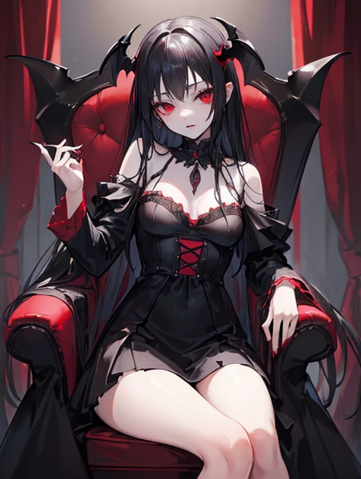 ((True best masterpiece, Ultimately perfect quality, Extremely delicate details)), ((Vampire, Evil, Nightmare, Insanity, Crazy, Horror)), A vampire girl, With black hair, With glowing red eyes, With flat bust, Sitting on the throne, Queen, Lord, Noble, Loyalty