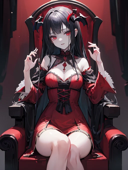 ((True best masterpiece, Ultimately perfect quality, Extremely delicate details)), ((Vampire, Evil, Nightmare, Insanity, Crazy, Horror)), A vampire girl, With black hair, With glowing red eyes, With flat bust, Sitting on the throne, Queen, Lord, Noble, Loyalty