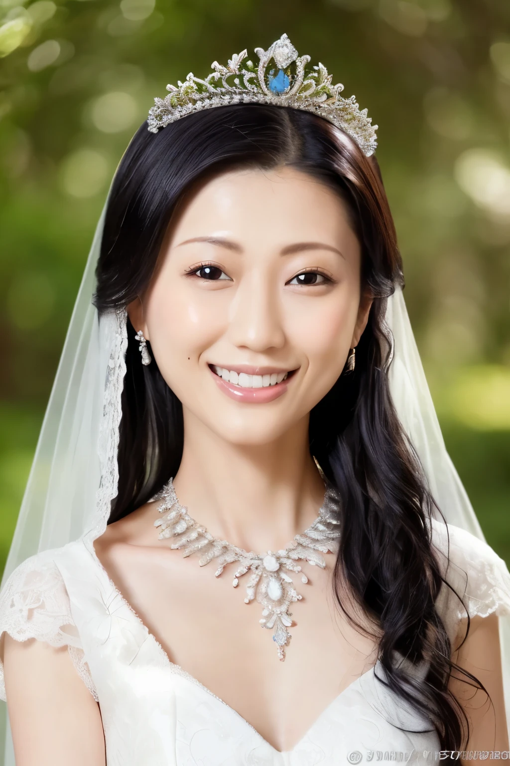 (Highest quality、Tabletop、8k、Best image quality、Award-winning works)、Beautiful Bride、(alone:1.1)、(The most extravagant and gorgeous huge pure white wedding dress:1.2)、(Perfect Wedding Lace:1.2)、(The most gorgeous and luxurious giant tiara:1.3)、(The most extravagant and luxurious giant necklace:1.3)、(A gorgeous bouquet:1.3)、The finest jewellery decoration、Perfect Makeup、Long eyelashes、Ultra HD Shining Eyes、Ultra HD Hair、Ultra High Resolution Glossy Lips、Beautiful face in ultra-high definition、(Accurate anatomy:1.1)、Very bright and beautiful skin、very bright and vivid、(Perfect Short Bridal Hairstyles:1.3)、(Front facing body:1.1)、(The most refreshing and beautiful forest background:1.1)、(Small breasts:1.1)、(Small breastsの谷間:1.1)、(Perfect beautiful bridal photos:1.1)、(The best smile:1.2)、(perfect beautiful teeth:1.2)、(Face close-up:1.1)
