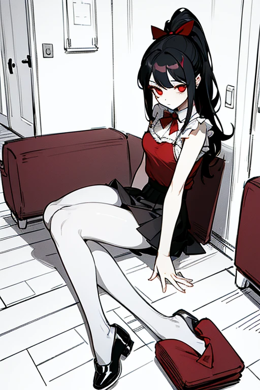 using pantimedies, wavy black hair, piercing look with deep red eyes, average stature, Silky hair with a ponytail hairstyle collected with a red bow with two white lines, with clothes, has a vagina, has breasts, cup of breasts, small breasts, slim, foreground, Session, sitting in her room, sitting on the floor of her room, wearing pantyhose, using pantimedies, Picardias, short skirt, shoes, blouse with straps