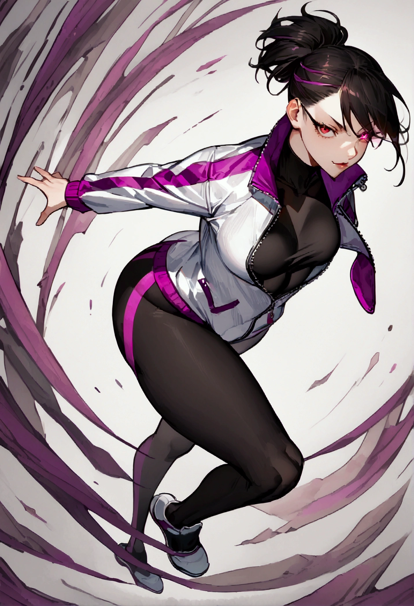 standing,going,sprinting,alone, short hair running track,work of art,face detailed,beautiful young fitness woman with , in a gym wearing May with black pantyhose, white and purple tight short gym jacket. standing alone,red eyes glowing,Evil smile,legging preto ,labiaa,dark eye shadow,shining eyes,neckleace,jacket zipper half open,Tight black shirt,white sports tennis shoes,short hair with purple details,beautiful curves,whole body,hair with purple details,labiaa,detailed face and eyes,work of art,sexy look,pefil from sideways,from sideways,wind in your hair,fully body,glasses on eyes