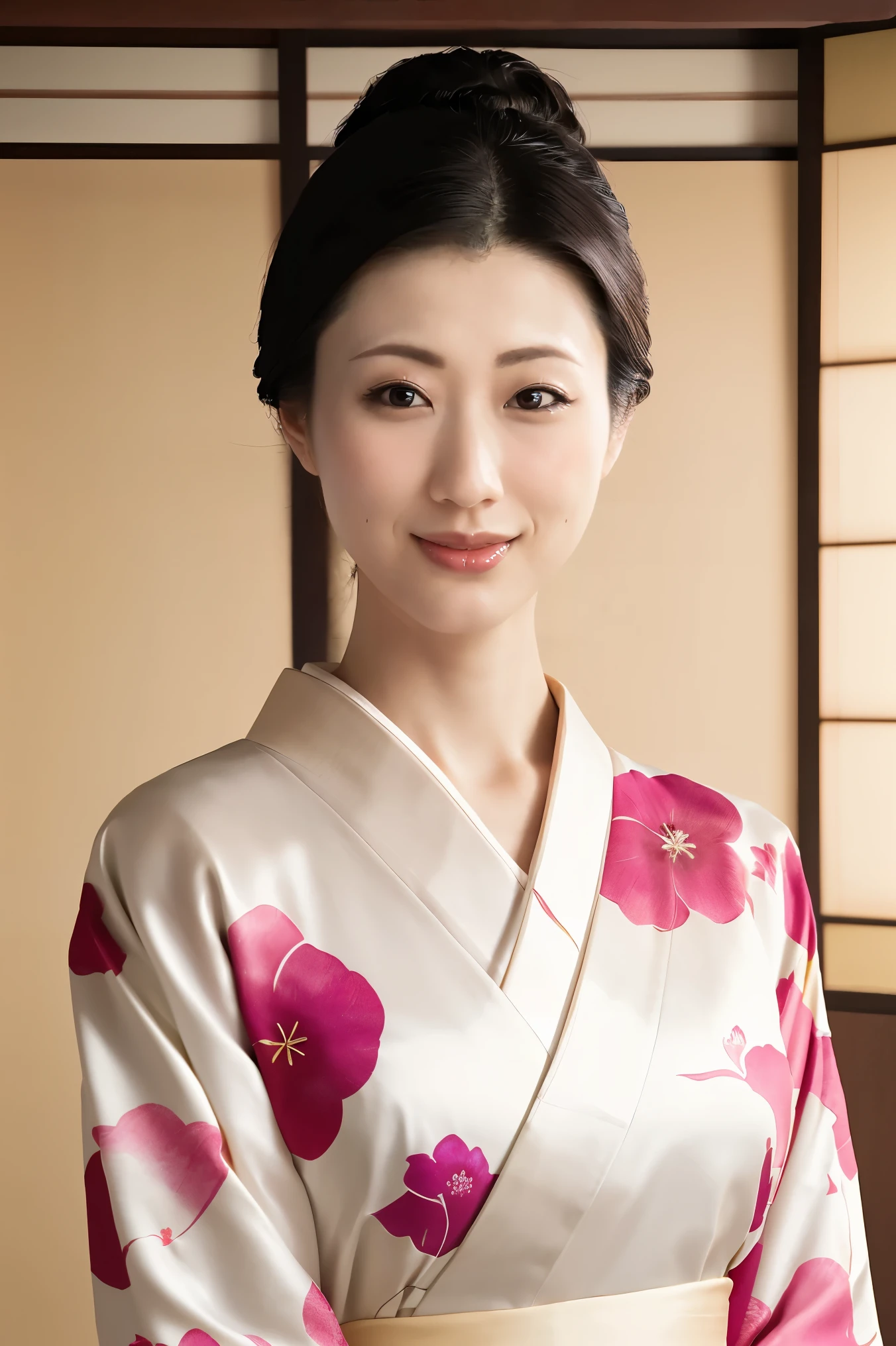 (Highest quality、Tabletop、8k、Best image quality、Award-winning works)、(One beautiful mature woman:1.1)、Adult face、(Innkeeper:1.1)、(Elegant floral kimono:1.2)、(Perfect kimono:1.3)、(Large Breasts:1.2)、Perfect mature woman portrait photo、Glowing Skin、Standing Elegantly、(Blurred elegant and exquisite perfect Japanese style room background:1.3)、(The most natural and perfect tidy Japanese style room background:1.2)、Glowing White Skin、Very white skin、(Accentuate your body lines:1.1)、(The most graceful posture:1.2)、Perfect beautiful glossy lips、(Accurate anatomy:1.1)、(A perfect and elegant outfit:1.1)、(Standing with good posture:1.1)、(Face close-up:1.3)、(Front facing body:1.2)、(Chignon:1.1)