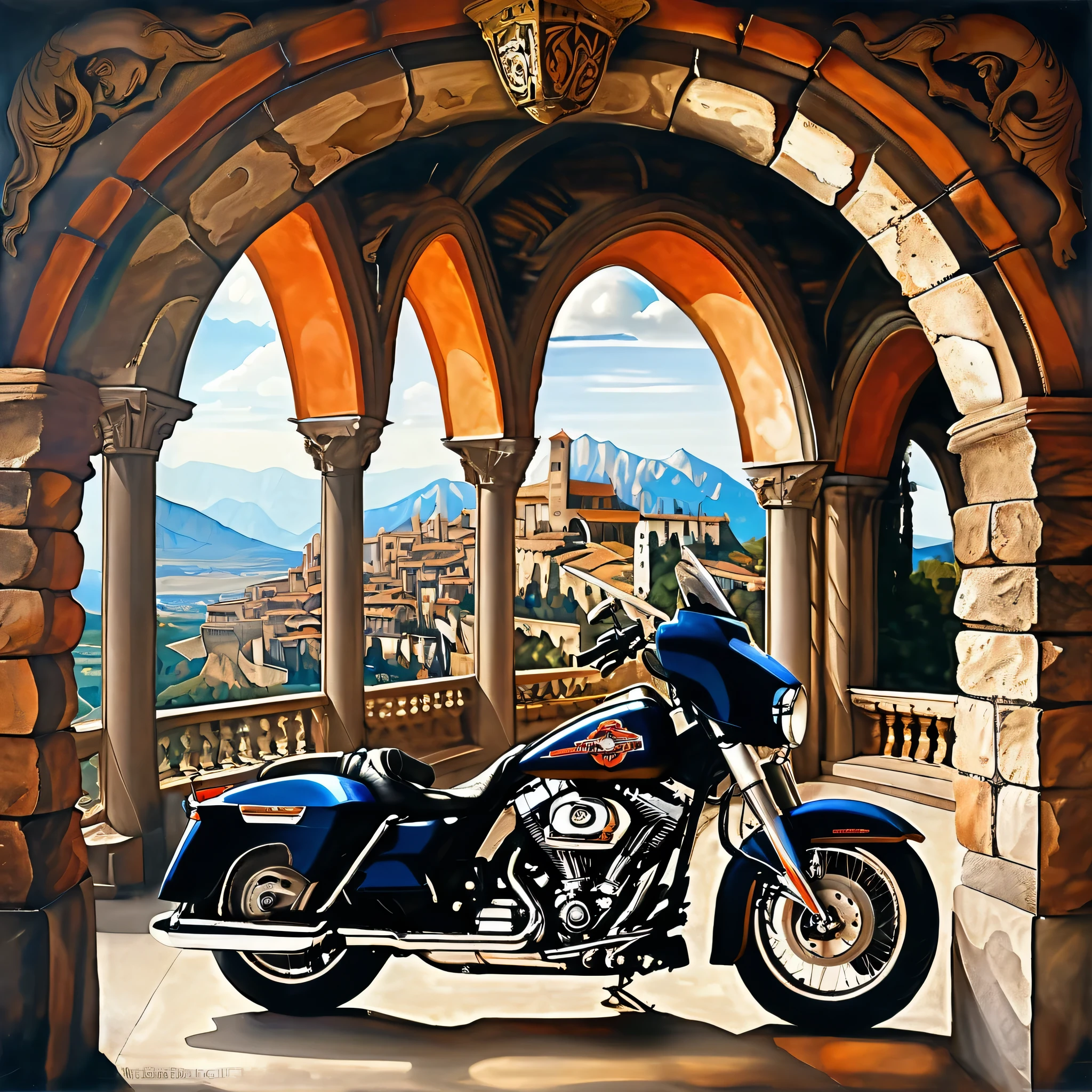 harley davidson road glider with medieval town background and a beautiful landscape in the style of Michelangelo Buonarroti 