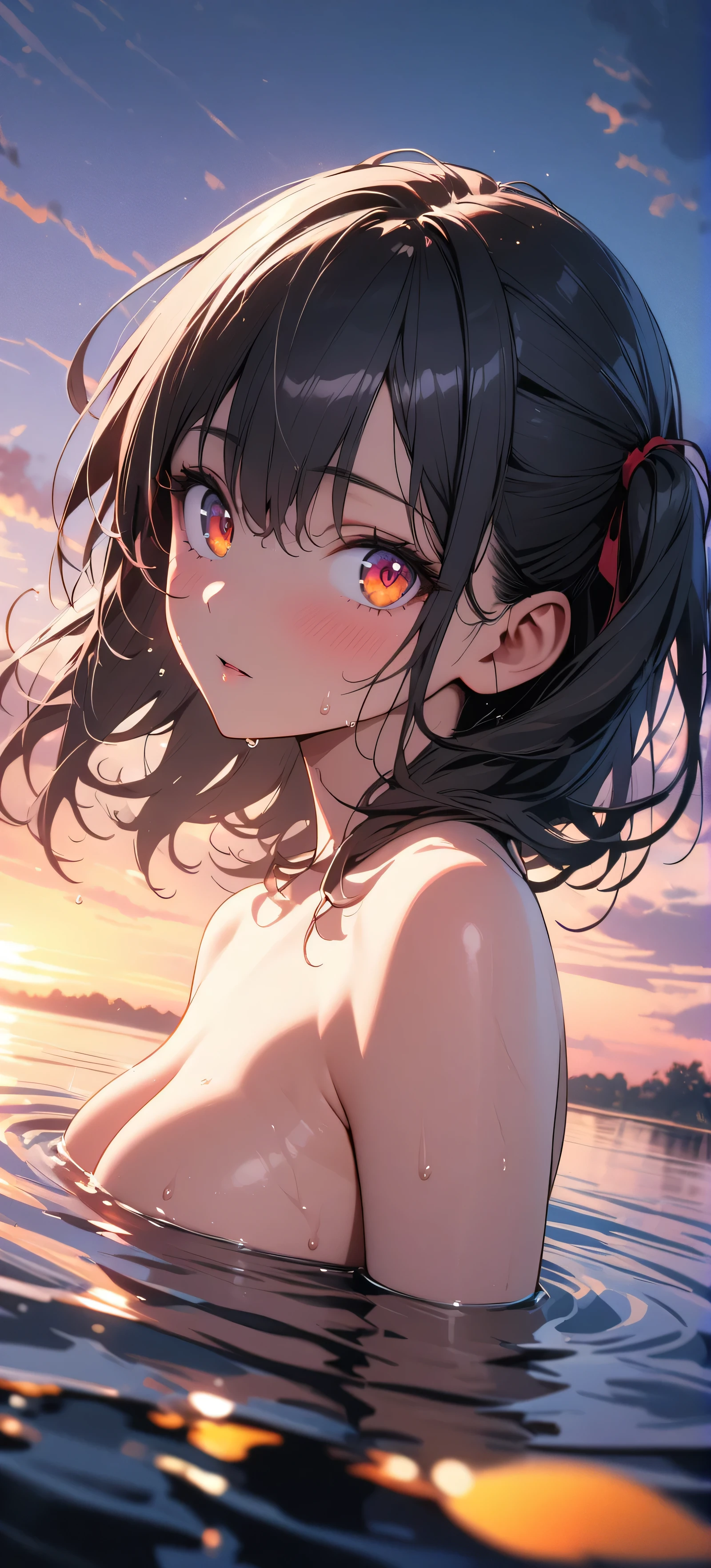 (beautiful girl: 1.3),masterpiece, Highest quality, Ultra-high resolution,Rich contrast,super high quality,8k,Highly detailed CG unit wallpaper,masterpiece:1.2,Ultra-high resolution,RAW Photos,Black Hair,two side up,Long eyelashes, Slanted Eyes,Big eyes,Detailed eyes,Watery eye,vapor,evening,naked,Born as is,Glowing Skin,Natural Makeup,jogging,(Sweat:1.3),Wet,Desert Oasis,((voluptuous)),Silver Spring,Sunset reflection,Please put your feet up,A light smile,(Rear View:1.3),