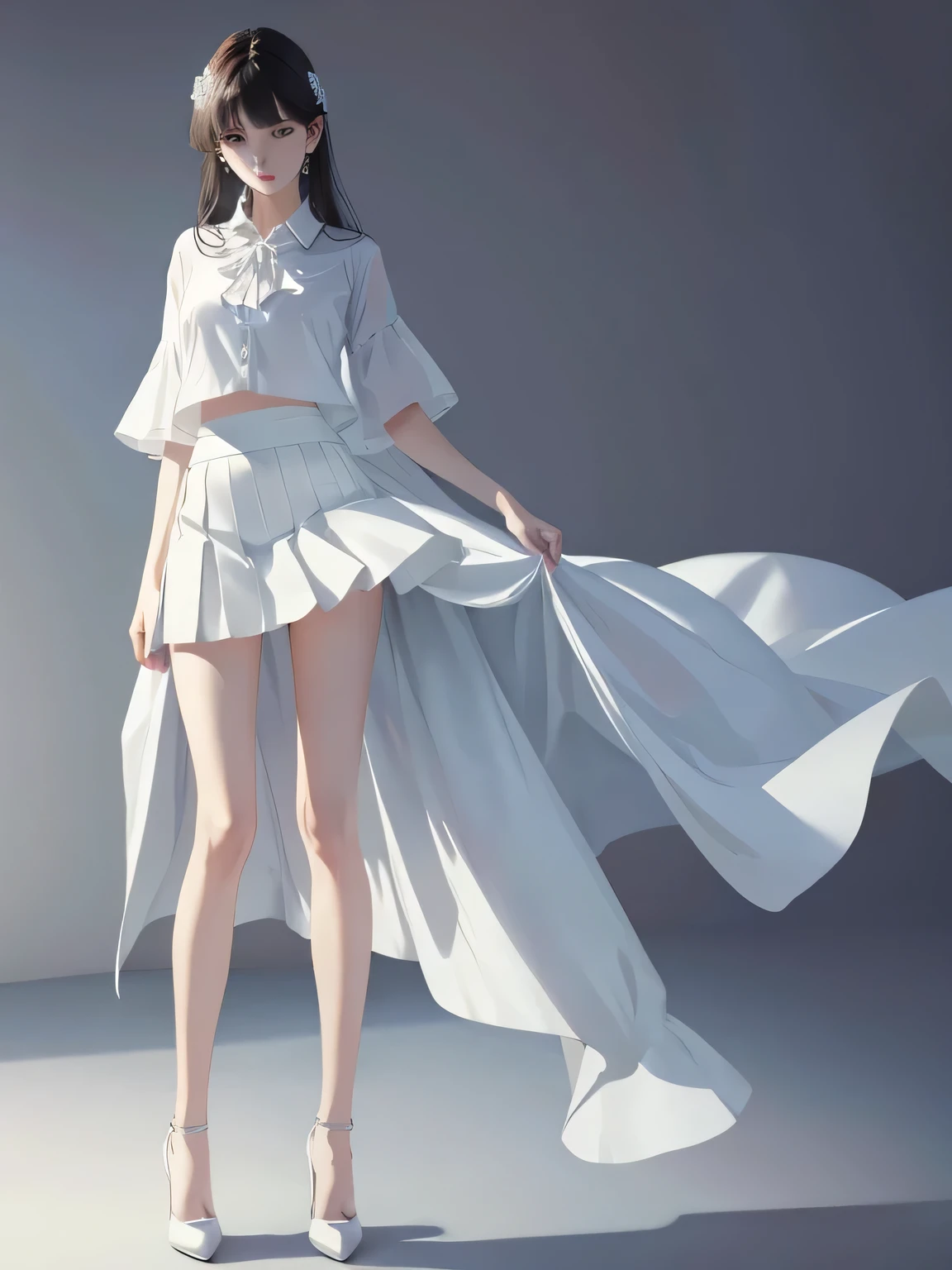 real、long legs、full、feminine、white shirt、mini skirt、high heels,very delicate face,realistic lighting and shading, (very delicate and beautiful芸術)1.2, It's elegant,dramatic shadow、very detailed。high quality、High resolution、Raw、超High resolution、super detail、(very delicate and beautiful)、very detailed、real shadow