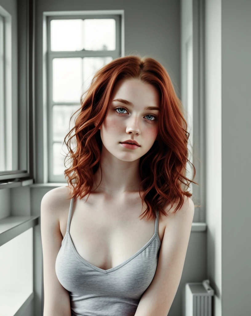 One Girl, Age 19, alone, Aesthetic artwork, Irish, Wavy Red Hair, Shoulder-length hair, Grey Eyes, Light grey eyes, Pale skin, cup, Small breasts, Runner&#39;s body, (Textured skin, Skin pores:1.1), It gives me goosebumps, Standing in underwear and touching her breasts