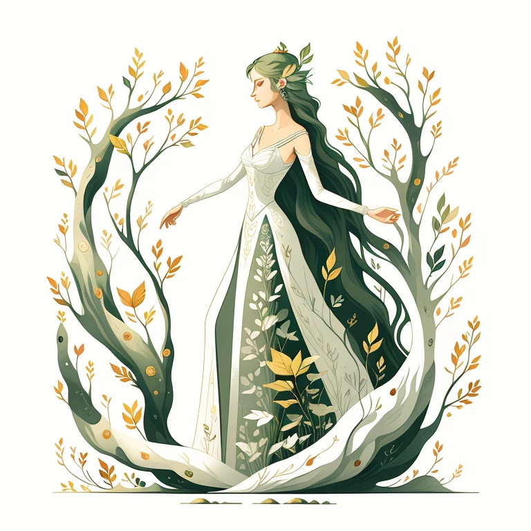 (Illustration:1.3) singular dryad, isolated on empty pure white background(3)(by Artist Anna Dittman:1), (((masterpiece))), (((best quality))),((an extremely delicate and beautiful)), flat illustration