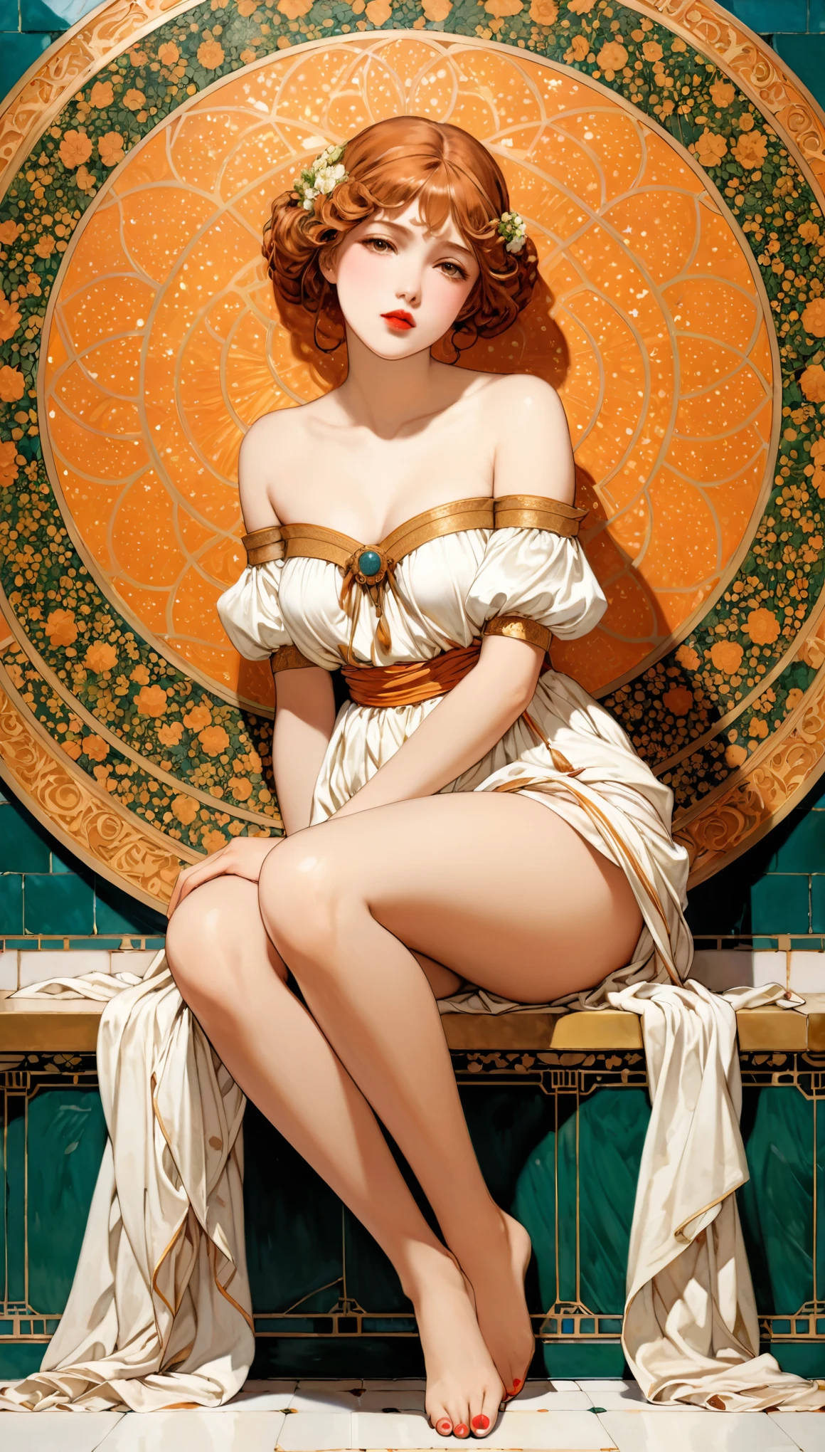 in style of Albert Joseph Moore
(1girl,character conceptual design),gravure_pose,knees_to_chest,sitting_backwards,lipstick