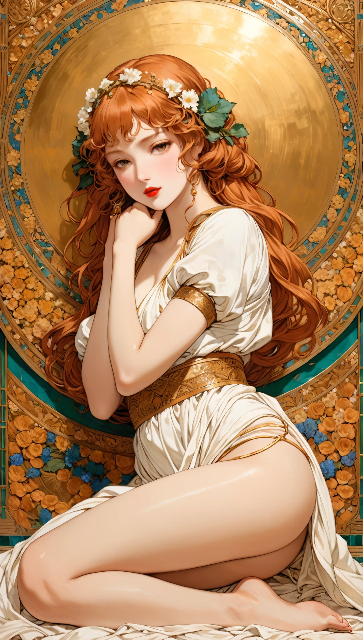 in style of Albert Joseph Moore
(1girl,character conceptual design),gravure_pose,knees_to_chest,sitting_backwards,lipstick