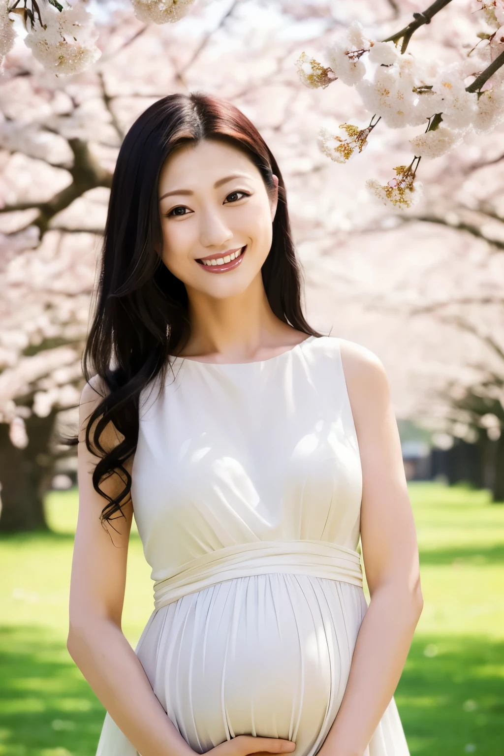 (Highest quality、masterpiece、8k、Best image quality、Award-winning works)、1 female、A walk in the park、(pregnancy:1.1)、(alone:1.1)、(1 photo:1.1)、Elegant white maternity wear、See-through maternity wear、Perfect Makeup、thin、The biggest smile is looking at me、Perfect Anatomy、Standing full body photo、Blurred cherry blossoms in full bloom,、big grass park、Refreshing atmosphere、very bright and vivid、Beautiful eyes in ultra-high resolution、超高解像度のperfect beautiful teeth、Ultra-high definition beauty face、Ultra HD beautiful hair、Perfect teeth alignment、Standing Elegantly、perfect beautiful teeth