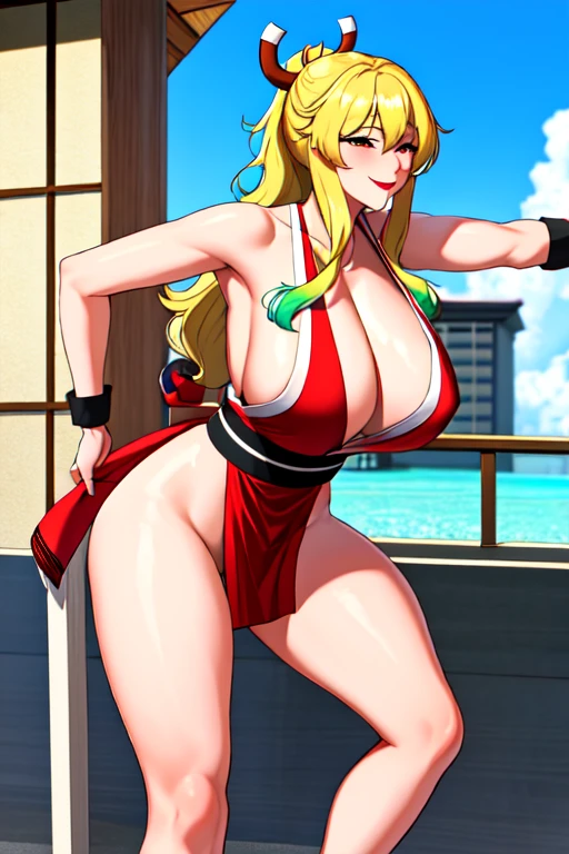 masterpiece, best quality, beautiful art, high resolution, well formed hands, body and fingers, 1 woman, solo, Lucoa ,31 years old, red makeup, red lipstick,adult, grown up,  cosplaying as Mai Shiranui , mai_shiranui_cosplay, adult, large and big breasted, cleavage, full body , hair ribbon, gorgeous legs and, thighs, sexy Japanese clothes, hair ornament , sexy and bare legs , hips and thighs, panties peek,fighting in a combat match, showing her fighting skills, making her guard, about to hit the viewer, looking at the viewer, camera focus on her bouncing breasts, sweating, bouncing breasts, smiling joyfully and brightly, seductive face, being confident and proud, action and fighting scene, martial arts tournament on the beach  