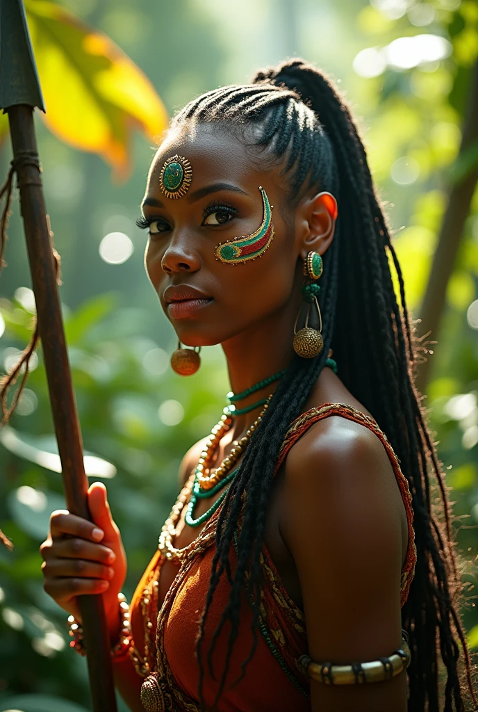 a sexy african tribal warrior girl, detailed face, beautiful eyes, lips, long eyelashes, ornate tribal body paint, tribal jewelry, holding a spear, in a lush jungle environment, dramatic lighting, cinematic camera angle, photorealistic, 8k, hyper detailed, vibrant colors, masterpiece