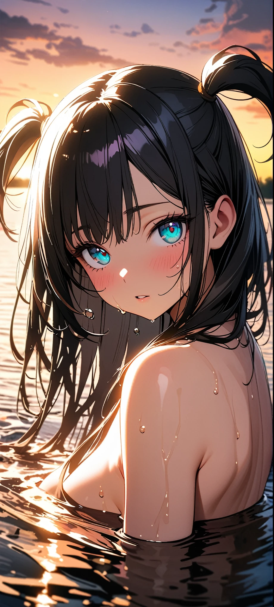 ((Highest quality)), ((masterpiece)), (detailed), 1woman, 独奏, miko, 比基尼, sexly, large breasts, yellow eyes, long hair, black hair, blue hair, multicolored hair, sidelocks, bangs, wet, water, beach