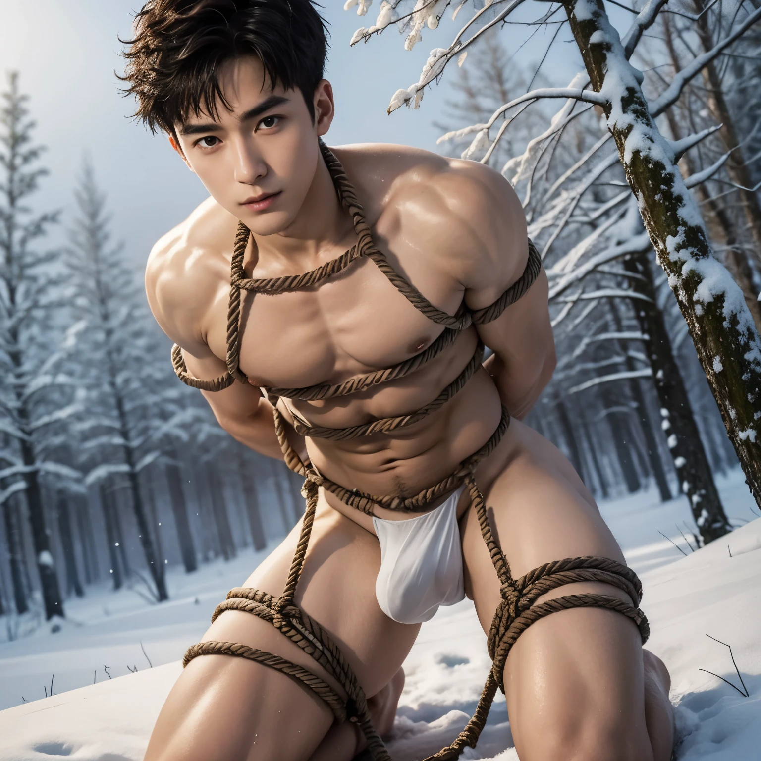  (((19 year old boy, skinny, lean, twink))), (((wearing gym speedos)))  kneeling, ((((Trussed up completely with rope)))), ((((very tight rope crossed over chest)))), (((very tight ropes crossed over   abs))). (((body in tight shibari ropes))) sweating, wet skin, smiling, (((in a dense snyowy forest))), ((leaning against a snow covered tree)))