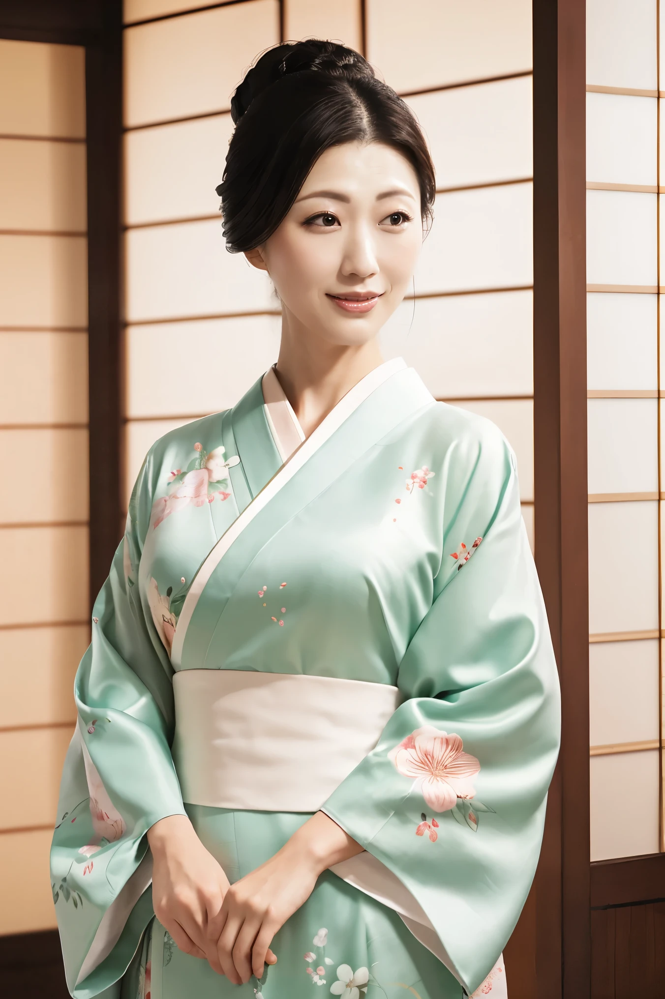 (Highest quality、Tabletop、8k、Best image quality、Award-winning works)、(One beautiful mature woman:1.1)、Adult face、(Innkeeper:1.1)、(Elegant floral kimono:1.2)、(Perfect kimono:1.3)、(Large Breasts:1.2)、Perfect mature woman portrait photo、Glowing Skin、Standing Elegantly、(Blurred elegant and exquisite perfect Japanese style room background:1.3)、(The most natural and perfect tidy Japanese style room background:1.2)、Glowing White Skin、Very white skin、(Accentuate your body lines:1.1)、(The most graceful posture:1.2)、Perfect beautiful glossy lips、(Accurate anatomy:1.1)、(A perfect and elegant outfit:1.1)、(Standing with good posture:1.1)、(Face close-up:1.3)、(Front facing body:1.2)、(Chignon:1.1)