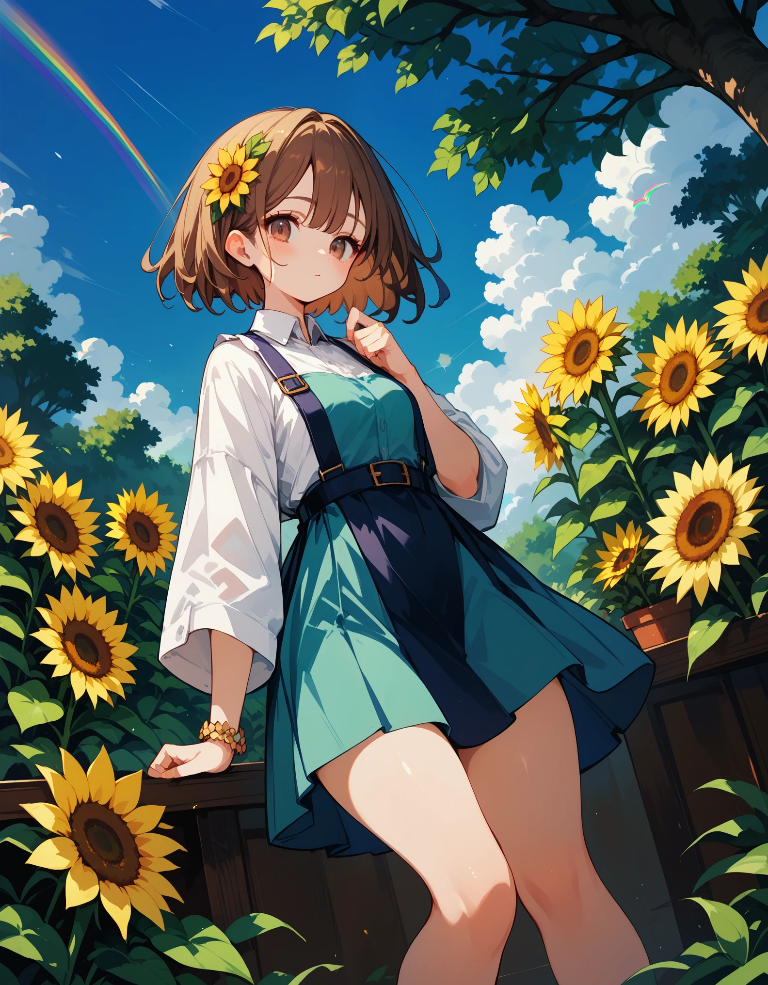 score_9_up,score_8_up,score_7_up,score_6_up, hadrian, 1 girl, blush, short brown hair, brown eyes, thick thighs, sunflower garden, blue sky, rainbow and sun shining.  