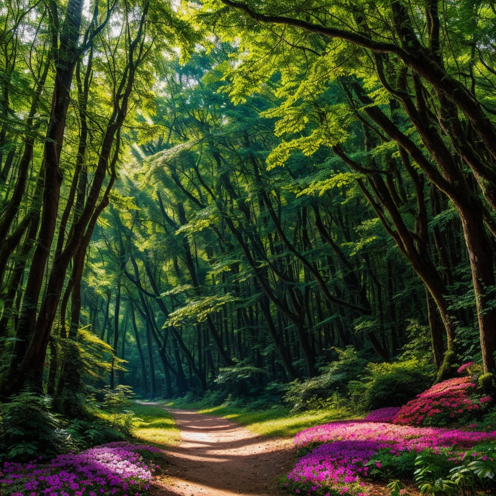 "In a bright, vibrant forest that feels like a fairy tale, where the lush green trees and foliage are alive with color. Sunlight streams through the leaves, creating a warm and inviting atmosphere, with beams of light dancing across the forest floor. The scene feels magical and whimsical, as if fairies might be living among the flowers and plants. The greenery is lush and the air is filled with a sense of wonder and enchantment, making the forest feel like a place of hidden secrets and playful spirits."