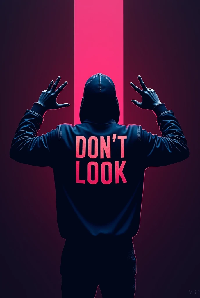 

I need a logo that features a person viewed from the back, with only half of the figure visible. The individual should be wearing a cap and making a cross sign with their hands raised above their head. On the back of their Jacket, the text "Don't Look" should be prominently displayed.