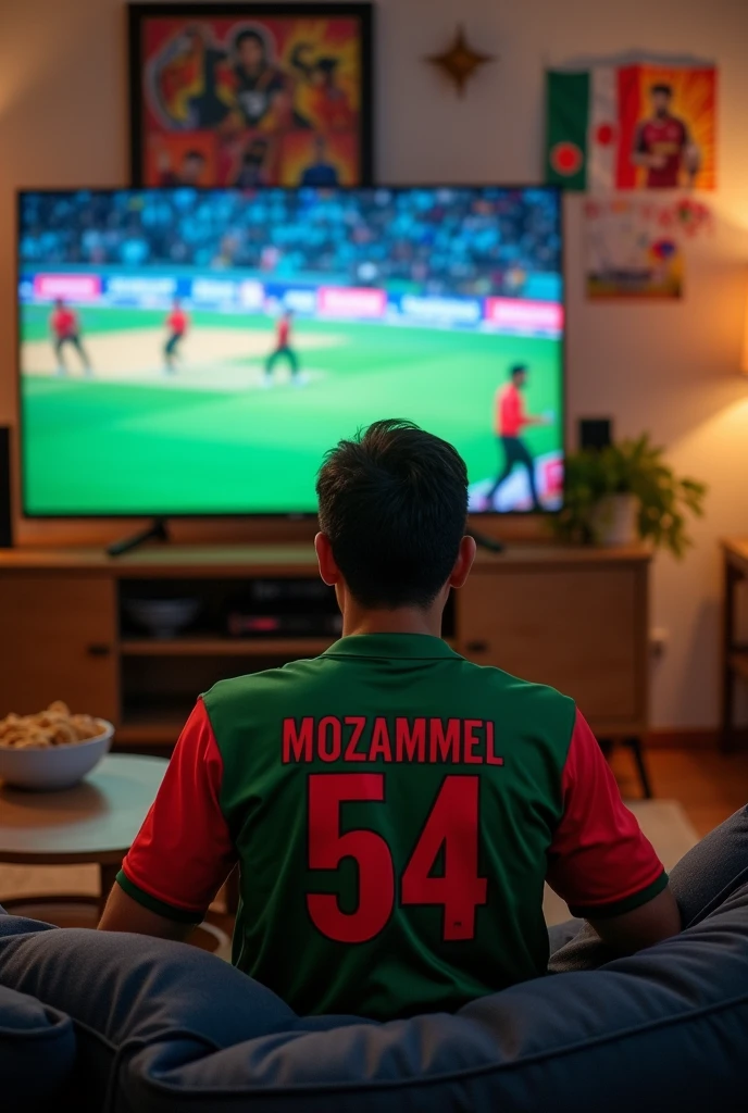 A healthy man watching cricket match in Television. He is wearing a jersey of Bangladesh cricket team. In the back of the jersey there is written Mozammel and the jersey number is 54