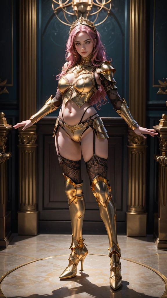 Masterpiece, best quality, 1girl, gold lace underwear, belly armor, armor corset, lace bra, extremely beautiful, fit body, full makeups, blue eyes, mecha (gold legs armor), (gold hands armor), (arms armor), garter, lace stockings, wavy hair, pink hair,extreme details, crisp picture, posing in the middle, symmetrical pose, (full body:1.3), front view, small breasts, (perfect anatomy), volumetric lights, octane rendering,  cameltoe:1.3