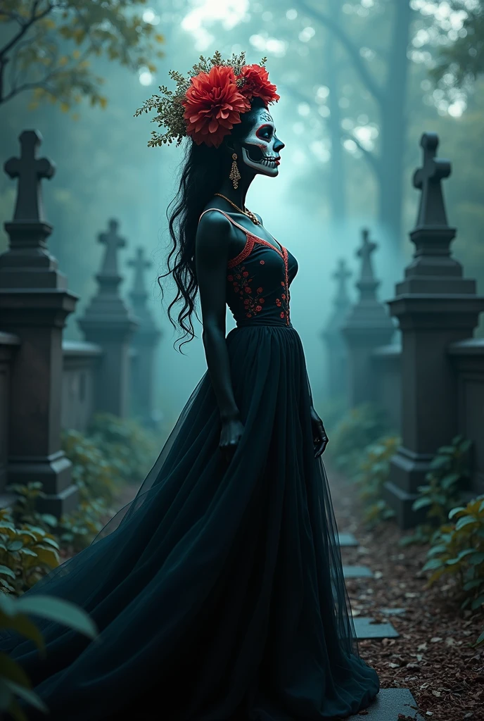 Masterpiece, best quality, professional illustration, woman, (catrina skeleton:1.2) (dia de muertos:1.2), (catrina face makeup:1.2), (long black dress:1.2), (ghostly glow:1.2) background is a dark graveyard.