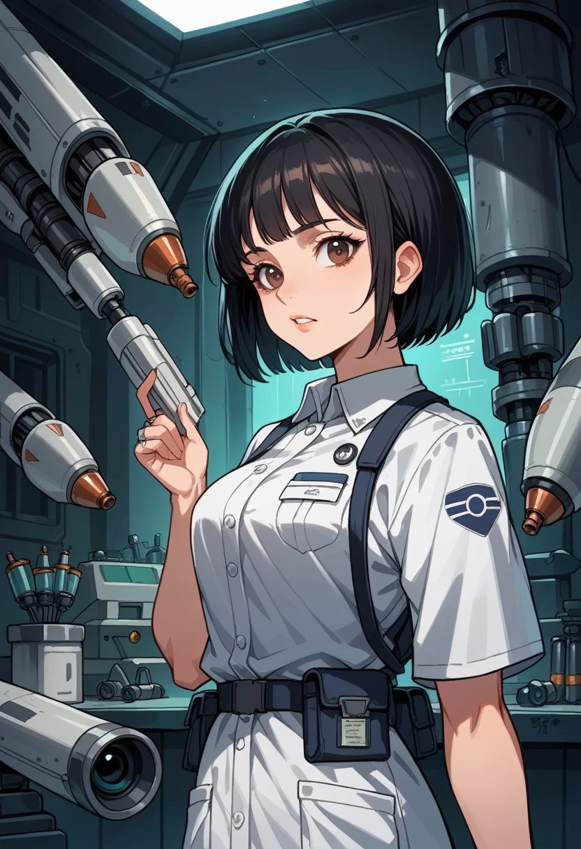 Ring of Peace,Science fiction,Science Fiction Movies,artillery,Long-range missiles,Based on the film &quot;Foundation&quot; ,woman,adult,main character,28 years,encouraging face,Brown eyes,short haircut,black hair with white gray,Scientist Uniform,Explorer&#39;s White Coat,open meadow,rebel,chaotic,future world,The World of Socialism,snow,chaos