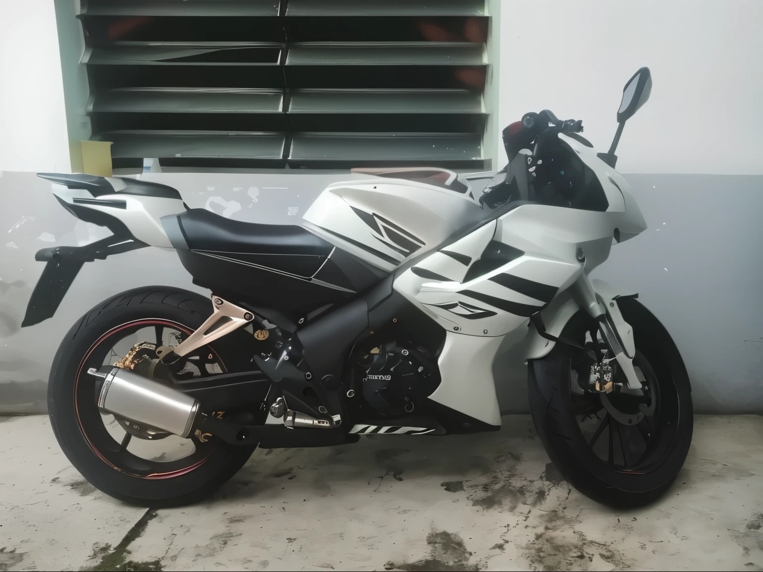 generate a futuristic effect on the motorcycle shown in the image, with white, black and gold colors