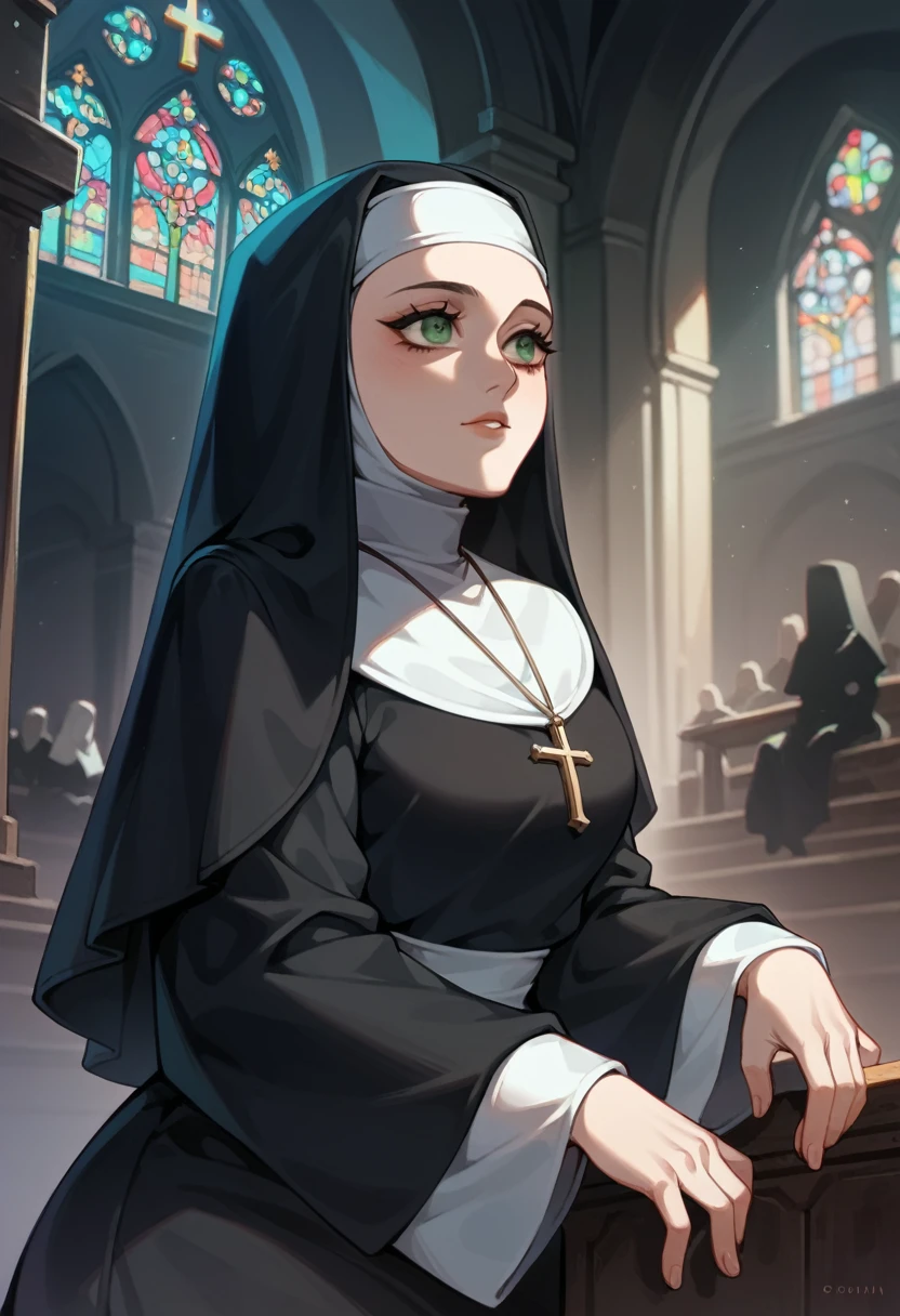 Valak, Nun, dark eye rims, greeneyes, roupa de Nun, sitting down, standing alone, looking at the spectator, pose, 正面, bank, dark surroundings, church behind, dark clouds, best qualityer 